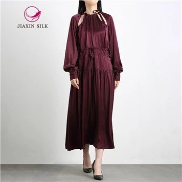 Long Satin Dress With Collar Drawstring